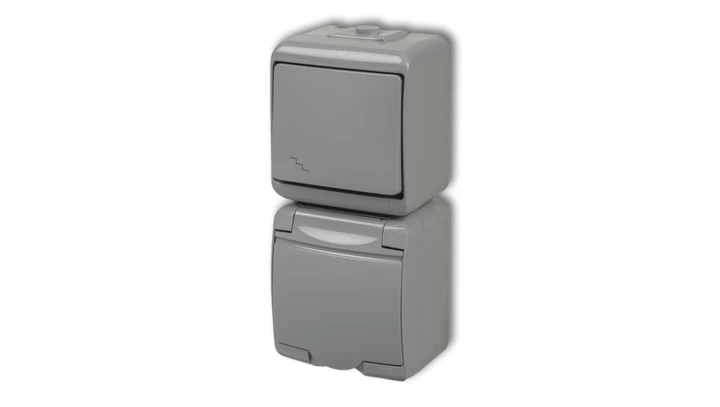 JUNIOR Łącznik schodowy + gniazdo hermetyczne (klapka popielata) popielaty 10WGHP-3p