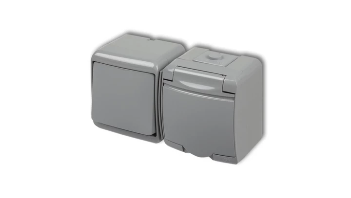 JUNIOR Łącznik jednobiegunowy + gniazdo hermetyczne (klapka popielata) popielaty 10WGHH-1p