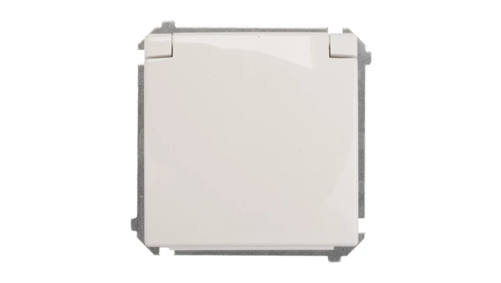 Simon Basic Gniazdo bryzgoszczelne z/u IP44 z przesłoną torów i klapką białe BMGZ1Bz.01/11