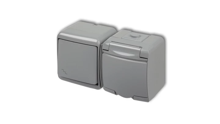 JUNIOR Łącznik schodowy + gniazdo hermetyczne (klapka popielata) popielaty 10WGHH-3p