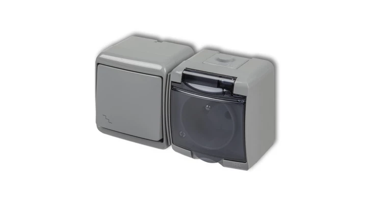 JUNIOR Łącznik schodowy + gniazdo hermetyczne (klapka dymna) popielaty 10WGHH-3dp