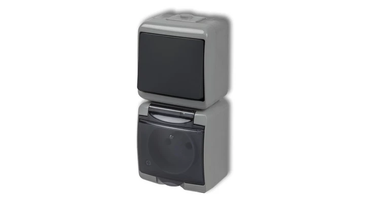 JUNIOR Łącznik jednobiegunowy z gniazdem hermetycznym (klapka dymna) popielaty / grafitowy 30WGHP-1d