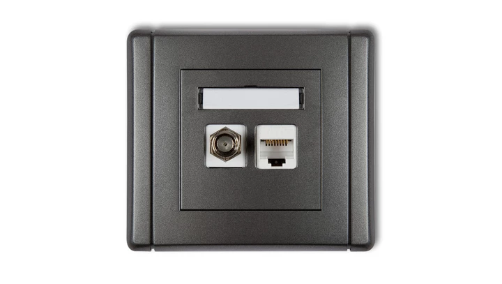 FLEXI Gniazdo antenowe pojedyncze typu F (SAT) + gniazdo komputerowe pojedyncze 1xRJ45 kat. 5e 8-stykowe grafitowy 11FGFK-1