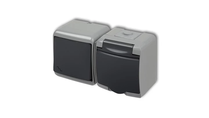 JUNIOR Łącznik schodowy z gniazdem hermetycznym (klapka grafitowa) popielaty / grafitowy 30WGHH-3p