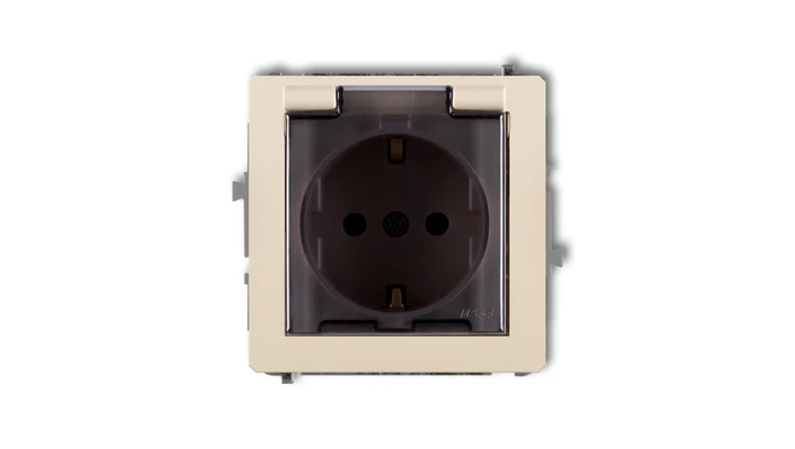 DECO Gniazdo bryzgoszczelne z/u SCHUKO (klapka dymna) beżowy 1DGPB-1sdp