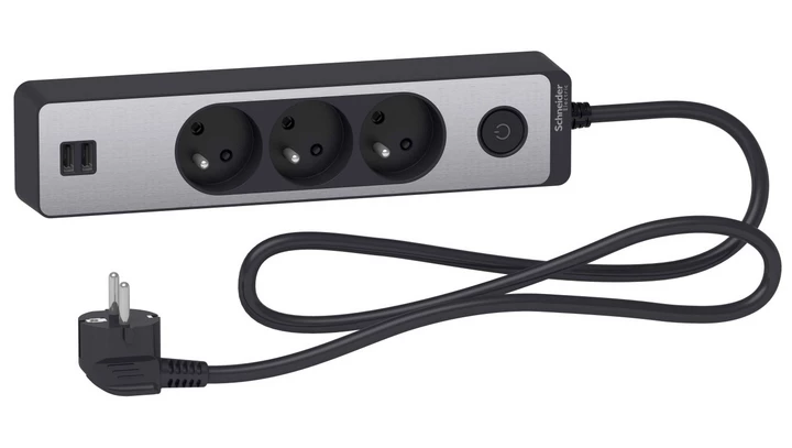 Odace Przedłużacz 3 gniazdowy z łącznikiem 2x USB, 1,5m antracyt+szczotkowane aluminium ST933U1BA