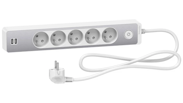 Odace Przedłużacz 5 gniazdowy z łącznikiem 2x USB, 1,5m biały+szczotkowane aluminium ST935U1WA