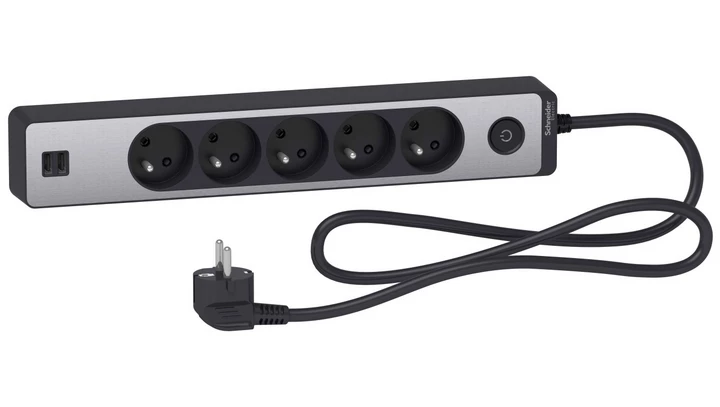 Odace Przedłużacz 5 gniazdowy z łącznikiem 2x USB, 1,5m antracyt+szczotkowane aluminium ST935U1BA