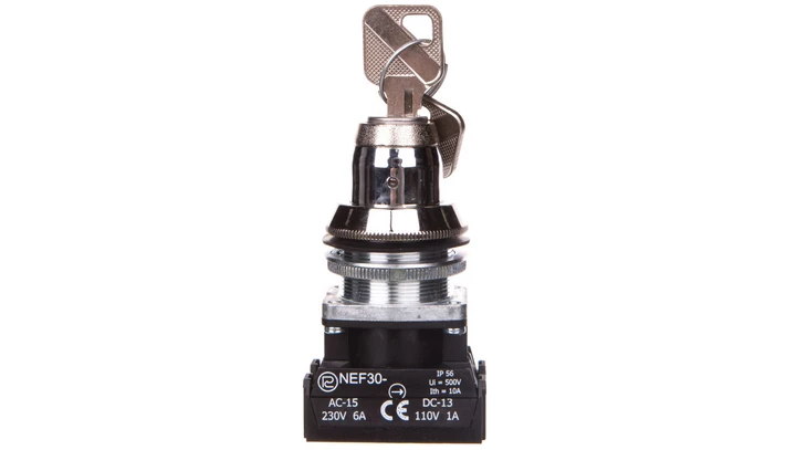 Przełącznik 2 położeniowy niestabilny klucz 30mm srebro 1Z 1R z samopowrotem NEF30TZbM W0-NEF30-TZBM XY