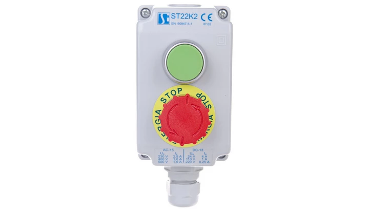 Kaseta sterownicza 2-otworowa zielony/przycisk bezpieczeństwa przez obrót 1Z 1R szara IP65 1x dławnica szara M20 ST22K2\04-1