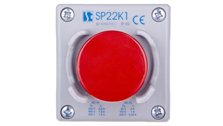 Kaseta sterownicza 1-otworowa przycisk grzybkowy z osłoną czerwony 1R szara IP65 SP22K1\25-1