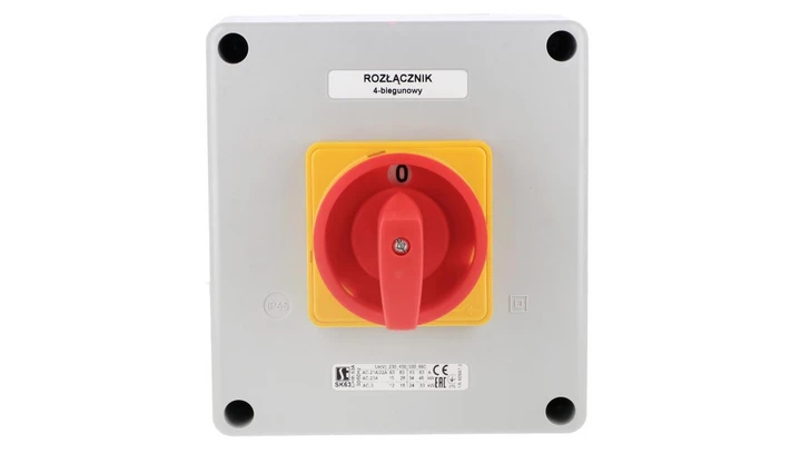 Łącznik krzywkowy 63A rozłącznik 0-1 (4 - biegunowy)w obudowie OB16 z czołem zamykanym żółto/czerwonym SK63-2.8210\OB16ZC