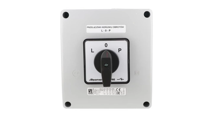 Łącznik krzywkowy 80A przełącznik zmiany kierunku obrotów L-O-P w obudowie OB18 SK80-3.8368\OB18