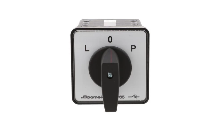 Łącznik krzywkowy 80A przełącznik zmiany kierunku obrotów L-O-P mocowany do pulpitu czoło szare pokrętło czarne SK80-3.8368\P03