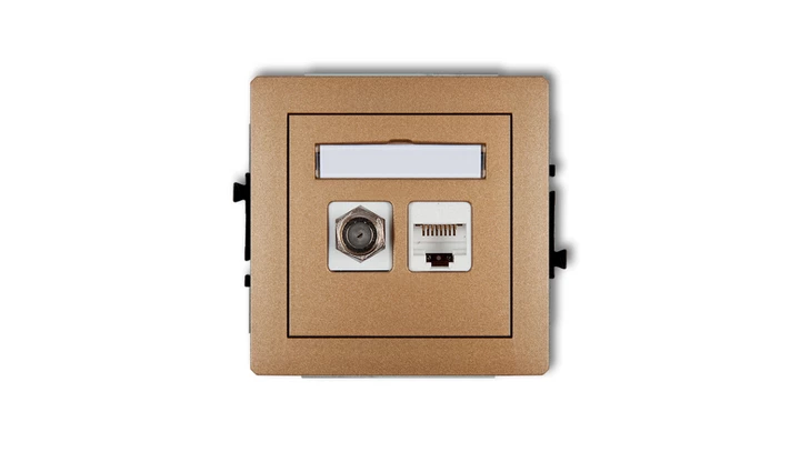 DECO Mechanizm gniazda antenowego poj. typu F (SAT) + gniazda komp. poj. 1xRJ45, kat. 6, 8-stykowy złoty metalik 8DGFK-3