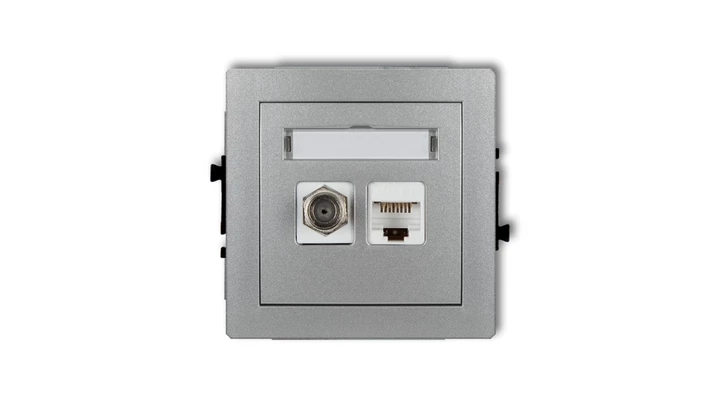 DECO Mechanizm gniazda antenowego poj. typu F (SAT) + gniazda komp. poj. 1xRJ45, kat. 6 ekranowane, 8-stykowy srebrny metalik 7D