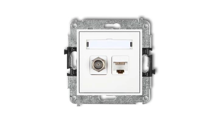 MINI Mechanizm gniazda antenowego poj. typu F (SAT) + gniazda komp. poj. 1xRJ45, kat. 6 ekranowane, 8-stykowy biały MGFK-5