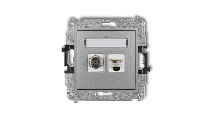 MINI Mechanizm gniazda antenowego poj. typu F (SAT) + gniazda komp. poj. 1xRJ45, kat. 6, 8-stykowy srebrny metalik 7MGFK-3