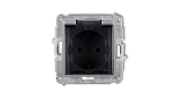 MINI Mechanizm gniazda bryzgoszczelnego z uziemieniem SCHUKO 2P+Z (klapka dymna, przesłony torów prądowych) srebrny metalik 7MGP