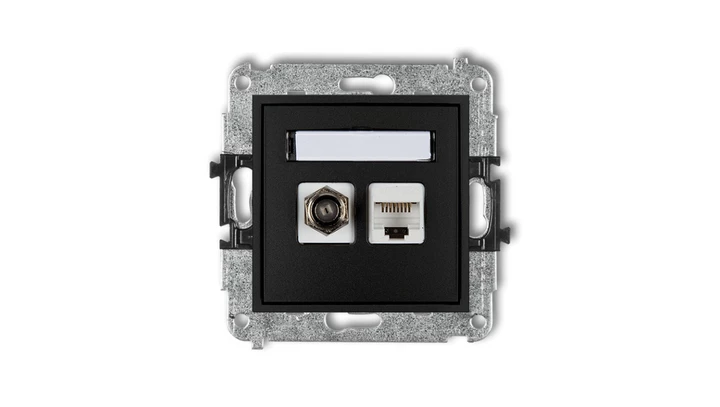 MINI Mechanizm gniazda antenowego poj. typu F (SAT) + gniazda komp. poj. 1xRJ45, kat. 6, 8-stykowy czarny mat 12MGFK-3