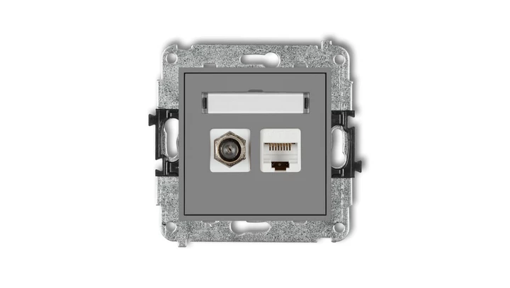 MINI Mechanizm gniazda antenowego poj. typu F (SAT) + gniazda komp. poj. 1xRJ45, kat. 6 ekranowane, 8-stykowy szary mat 27MGFK-5