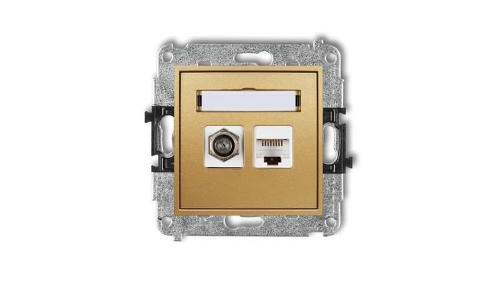 MINI Mechanizm gniazda antenowego poj. typu F (SAT) + gniazda komp. poj. 1xRJ45, kat. 6, 8-stykowy złoty 29MGFK-3