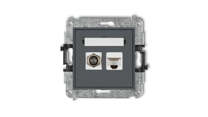 MINI Mechanizm gniazda antenowego poj. typu F (SAT) + gniazda komp. poj. 1xRJ45, kat. 6, 8-stykowy grafitowy mat 28MGFK-3