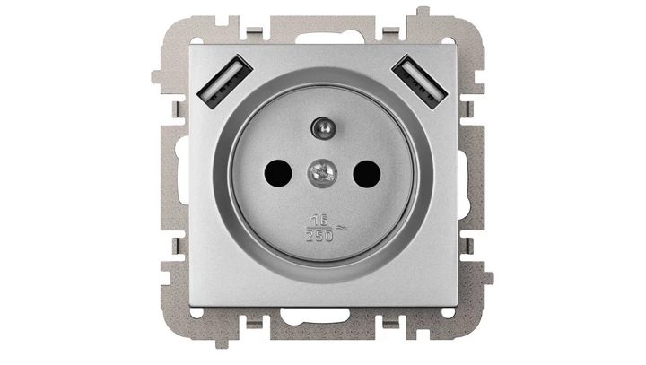 Vestra Gniazdo 2P+Z 2xUSB zasilające bez ramki podtynkowe IP20 srebrny 3888-16