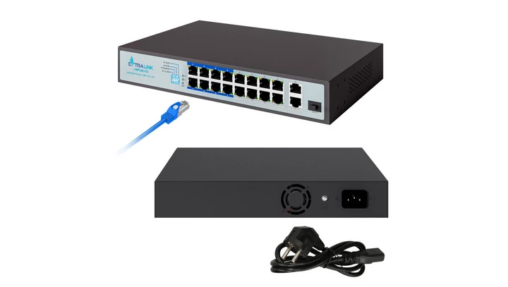Switch PoE 16x 100Mb/s PoE/PoE+, 2x Gigabit RJ45 + 1x SFP, 150W Extralink VIRTUS V3