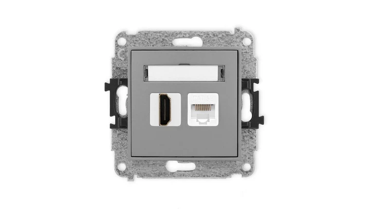 ICON Mechanizm gniazda pojedynczego HDMI 2.0 + gniazda komp. poj. 1xRJ45, kat. 5e, 8-stykowy szary mat 27IGHK