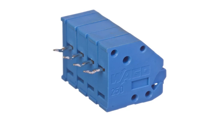 Listwa zaciskowa do płytek drukowanych 4-torowa z przyciskami i otworem pomiarowym do 1,3mm niebieska 250-104/000-006 /75szt./