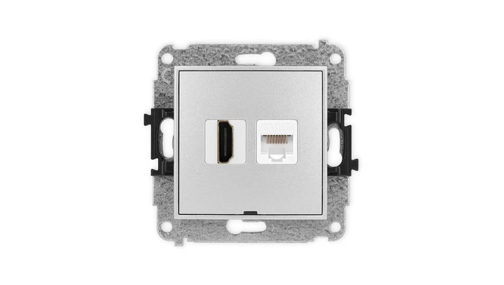 ICON Mechanizm gniazda poj. HDMI 2.0 + gniazda komp. poj. 1xRJ45, kat. 5e, 8-stykowy, bez pola opisowego srebrny metalik 7IGHKBO