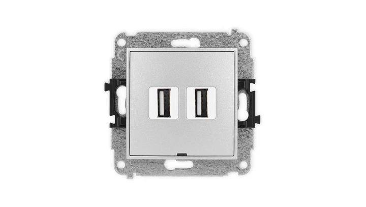 ICON Mechanizm gniazda podwójnego 2xUSB A-A 2.0, bez pola opisowego srebrny metalik 7IGUSBBO-2