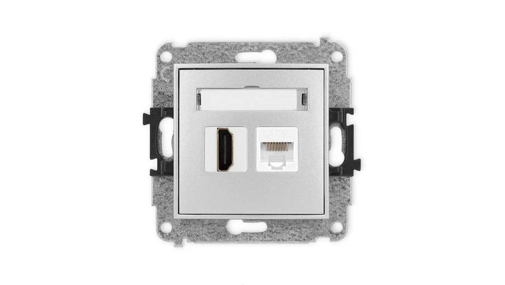 ICON Mechanizm gniazda pojedynczego HDMI 2.0 + gniazda komp. poj. 1xRJ45, kat. 5e, 8-stykowy srebrny metalik 7IGHK