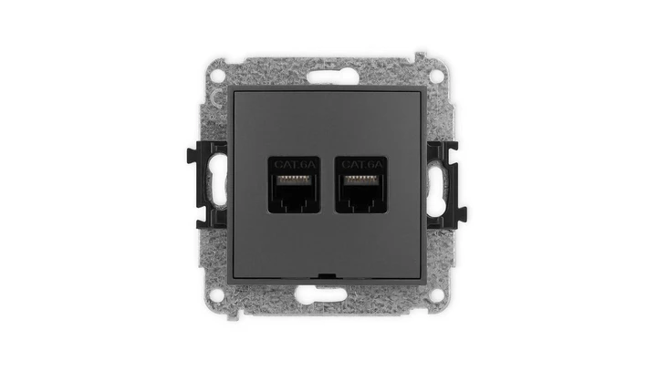 ICON Mechanizm gniazda komputerowego podwójnego 2xRJ45, kat. 6A, 8-stykowy, bez pola opisowego grafitowy mat 28IGKBO-8