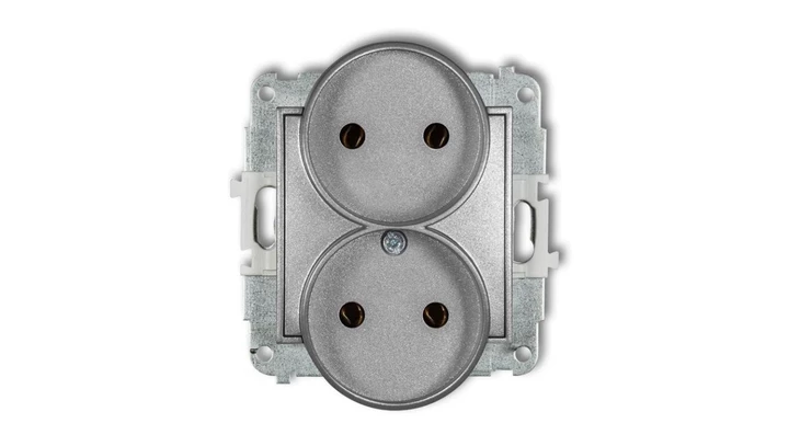 ICON Mechanizm gniazda podwójnego do ramki bez uziemienia 2x2P (bez przesłon torów prądowych) srebrny metalik 7IGPR-2