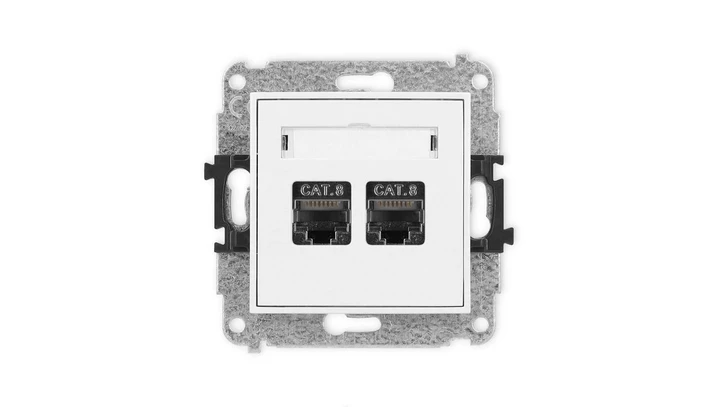 MINI Mechanizm gniazda komputerowego podwójnego 2xRJ45, kat. 8, ekranowane, 8-stykowy biały mat 25MGK-12