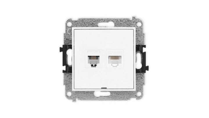 MINI Mechanizm gniazda telefonicznego pojedynczego 1xRJ11 + komputerowego pojedynczego 1xRJ45, kat. 5e, 8-stykowy, beznarzędziow