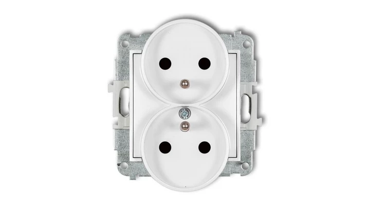 MINI Mechanizm gniazda podwójnego do ramki z uziemieniem 2x(2P+Z) (przesłony torów prądowych) biały mat 25MGPR-2zp