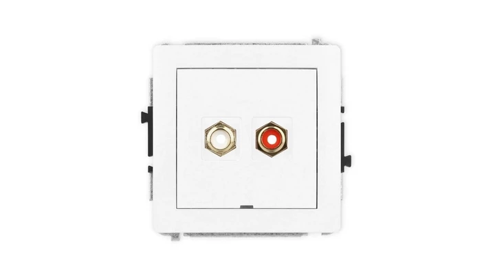 DECO Mechanizm gniazda podwójnego RCA, bez pola opisowego (typu cinch - biały i czerwony, pozłacany), biały mat 25DGRCABO-2