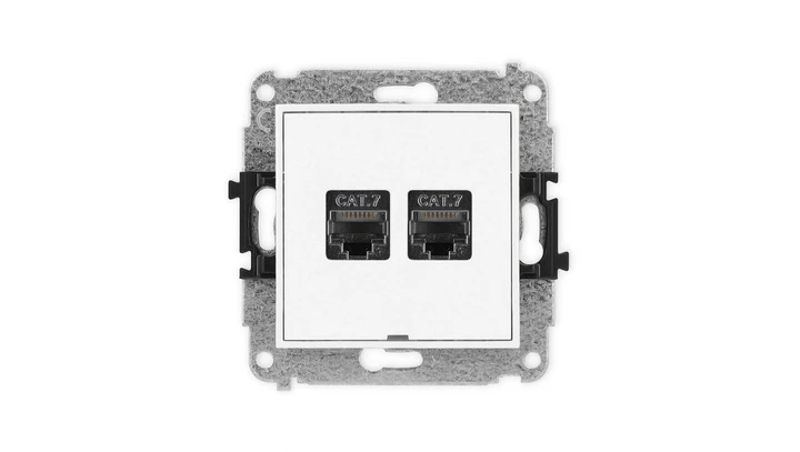 MINI Mechanizm gniazda komputerowego podwójnego 2xRJ45, kat. 7, ekranowane, 8-stykowy, bez pola opisowego biały mat 25MGKBO-10