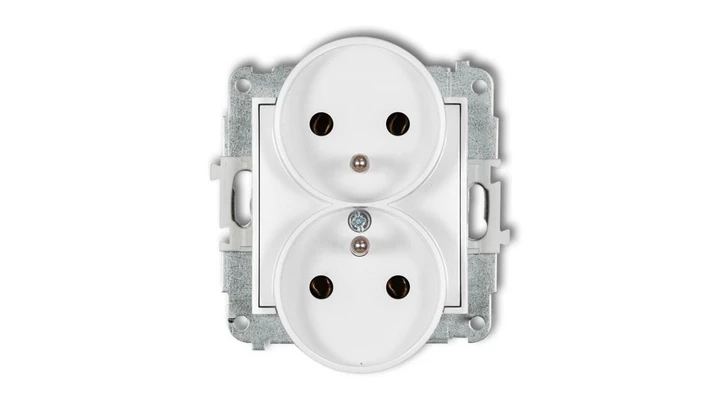 MINI Mechanizm gniazda podwójnego do ramki z uziemieniem 2x(2P+Z) (bez przesłon torów prądowych) biały mat 25MGPR-2z
