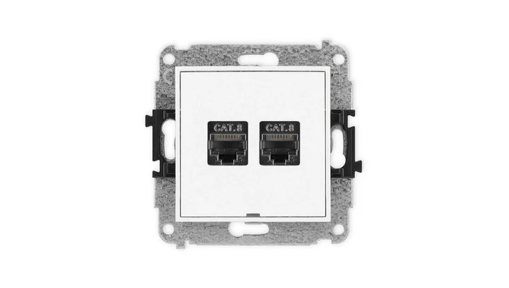 MINI Mechanizm gniazda komputerowego podwójnego 2xRJ45, kat. 8, ekranowane, 8-stykowy, bez pola opisowego biały mat 25MGKBO-12