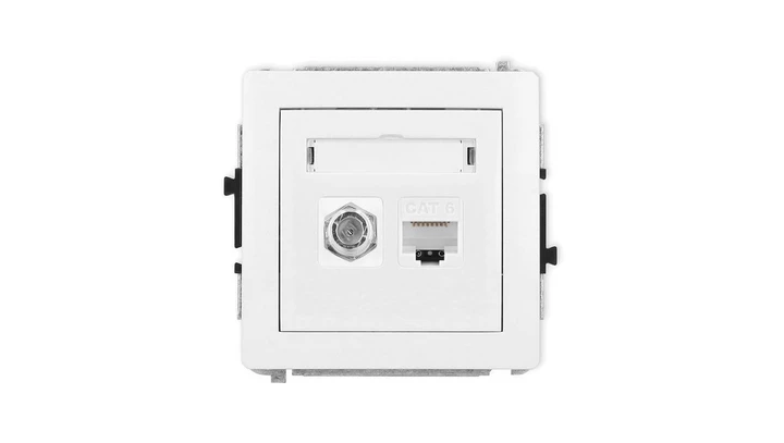 DECO Mechanizm gniazda antenowego poj. typu F (SAT) + gniazda komp. poj. 1xRJ45, kat. 6, 8-stykowy, biały mat 25DGFK-3