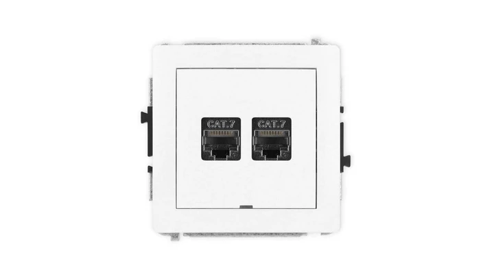 DECO Mechanizm gniazda komputerowego podwójnego 2xRJ45, kat. 7, ekranowane, 8-stykowy, bez pola opisowego, biały mat 25DGKBO-10