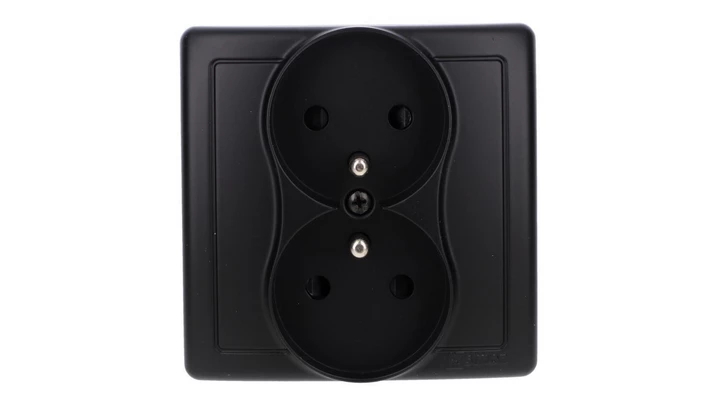 Simon Basic Gniazdo wtyczkowe z uziemieniem podwójne, monoblok, z przesł.torów prądowych zac.śrubowe czarny kompletne BMGZ2Z/49