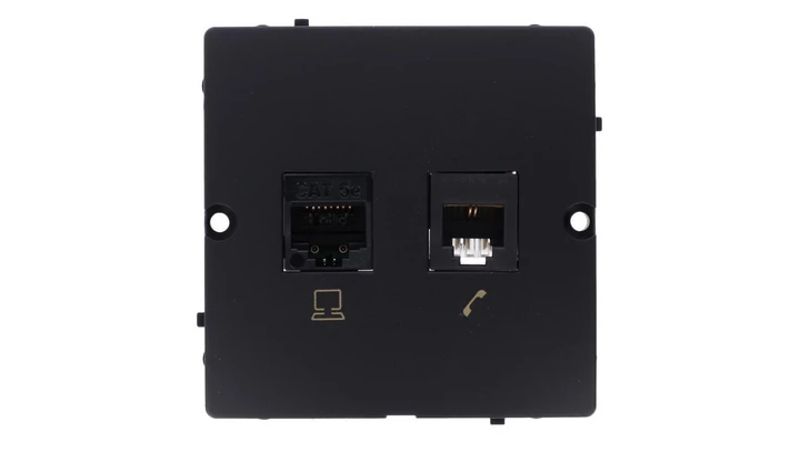 Simon Basic Gniazdo komputerowe RJ45 kat.5e + telefoniczne RJ11 (moduł). Montaż gniazda na wkręty do puszki czarny BMF5T.02/49