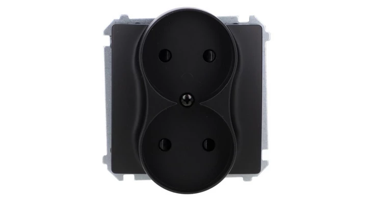 Simon Basic Gniazdo wtyczkowe podwójne bez uziemienia (moduł) z przesł. torów prąd.,16A, 250V, zac. śrubowe czarny BMG2MZ.01/49