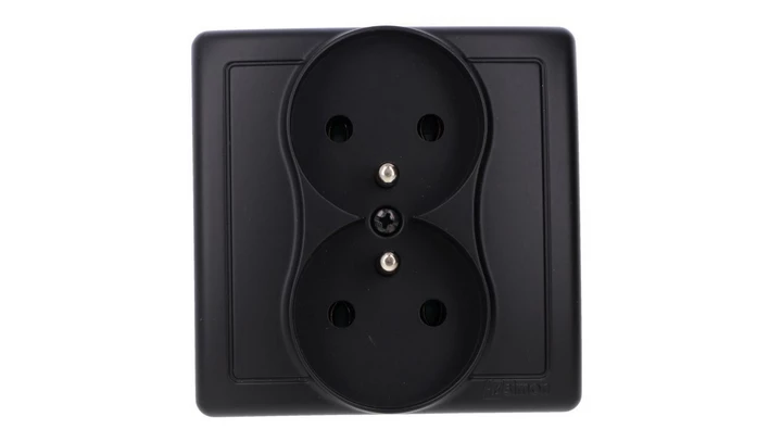 Simon Basic Gniazdo wtyczkowe z uziemieniem podwójne, monoblok, 16A, 250V, zaciski śrubowe, kompletne czarny BMGZ2/49