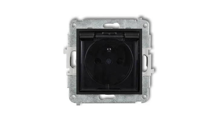 ICON Mechanizm gniazda bryzgoszczelnego z uziemieniem 2P+Z (klapka dymna, przesłony torów prądowych) czarny mat 12IGPB-1zdp